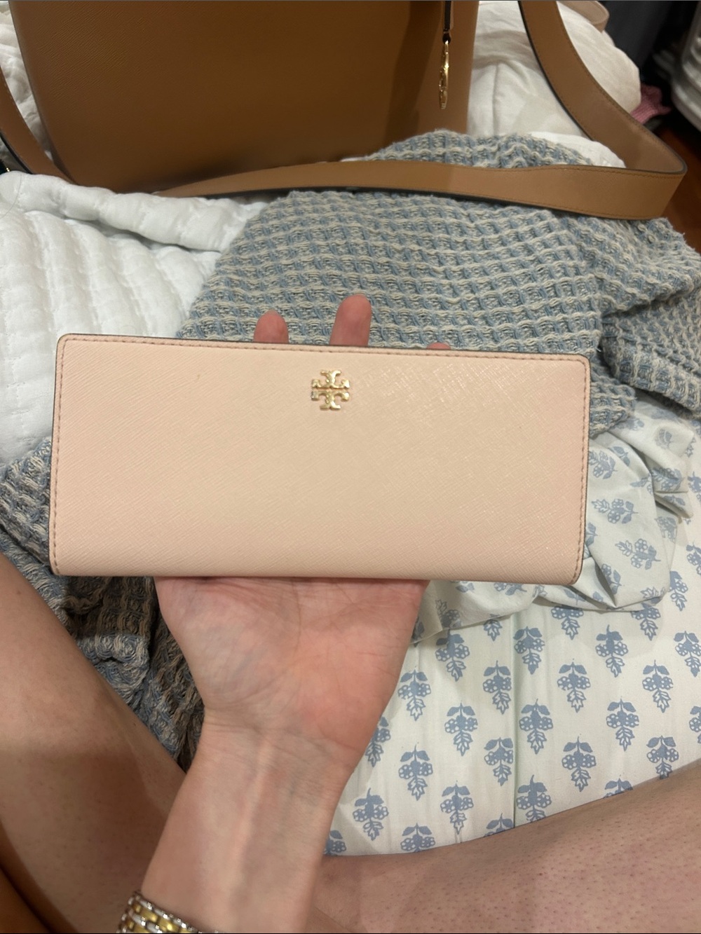 Tory Burch Pale Pink Saffiano Leather Continental Wallet with Gold Logo